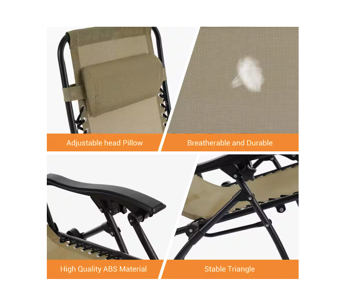 Beige Zero Gravity Folding Chair Patio Recliner with Adjustable Headrest And Side Tray (Set of 2 Chairs)