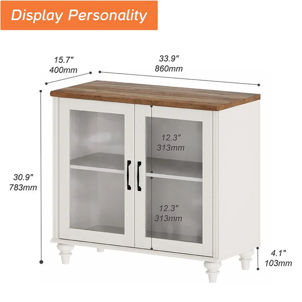 34"TV Stand for 43 Inch TV with Yellow LED Light, Kitchen Sideboard Buffet Cabinet with Glass Door for Dining Room, Off White