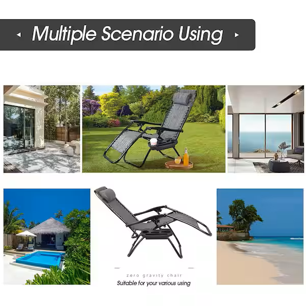 2-Piece Dark Blue Zero Gravity Black Metal Lawn Chair Set Adjustable Folding Beach Chair with Pillows and Cup Holders
