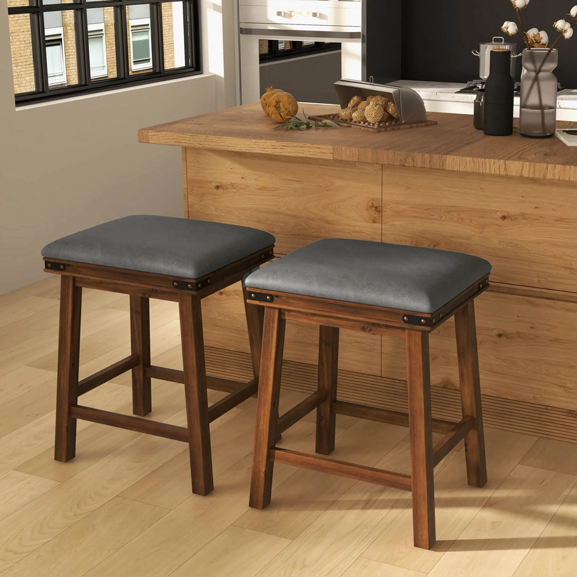 Dining Bar Stool 1-Piece Counter Height Padded Seat Wood Frame Kitchen Brown