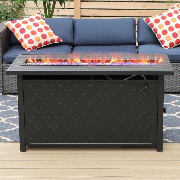 Leather Grain Rectangle Metal Gas Fire Pit Table with Lid and Blue Fire Glass