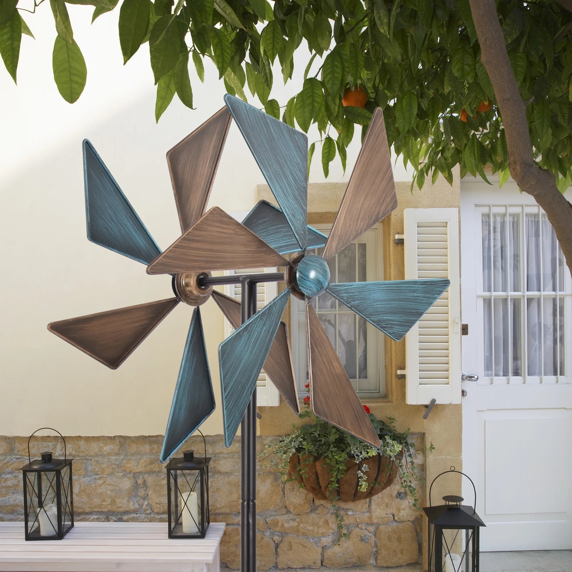 Yard Wind Spinner - Majestic Metal Garden Decoration in Blue-Copper Hue with Spinners