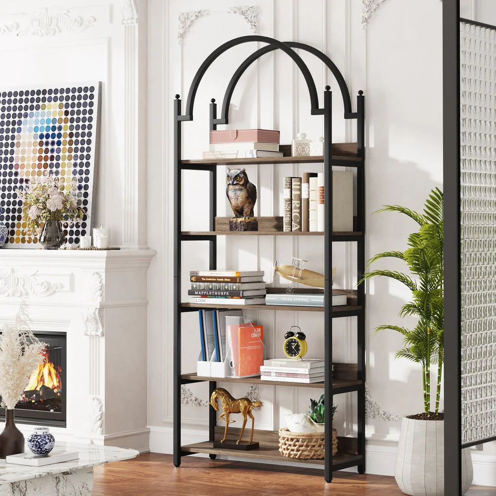 5 Tier Gold Bookshelf, Arched Bookcase, Storage Rack Shelves in Living Room/Home/Office/Bedroom - Oak/Black