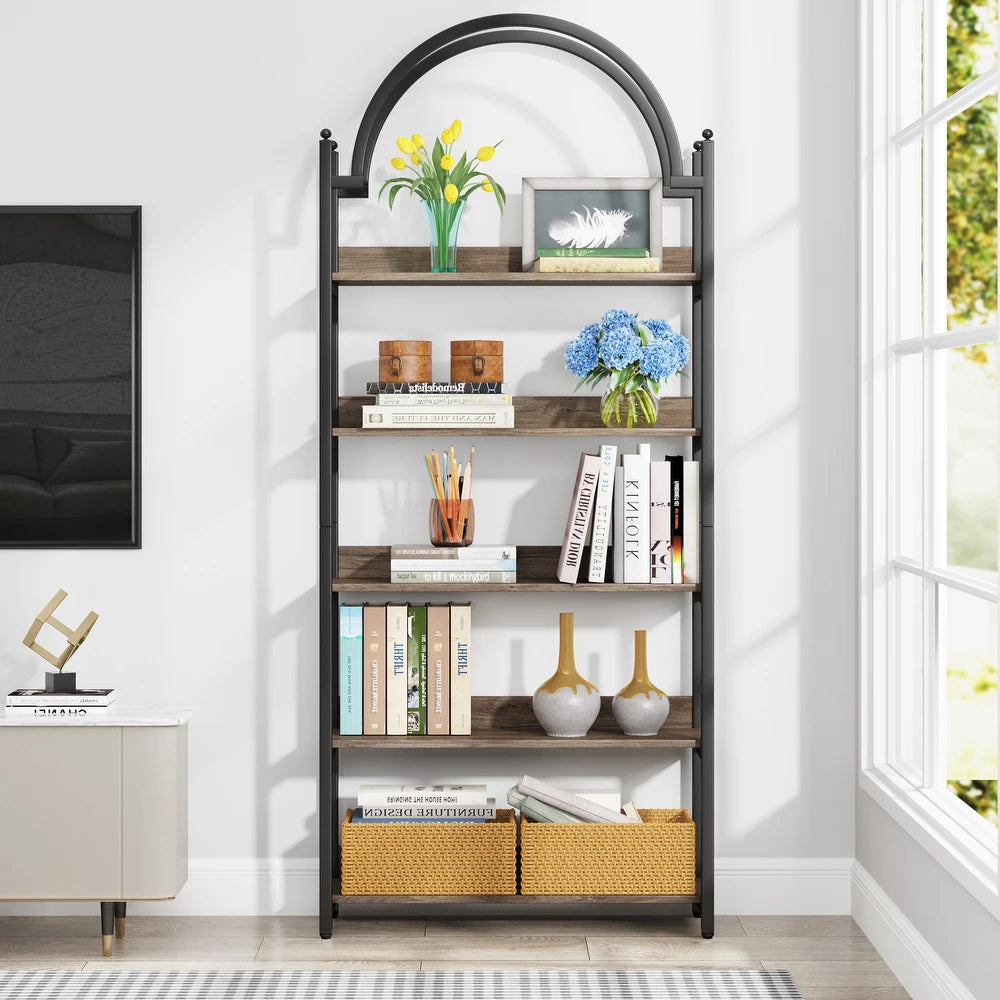5 Tier Gold Bookshelf, Arched Bookcase, Storage Rack Shelves in Living Room/Home/Office/Bedroom - Oak/Black