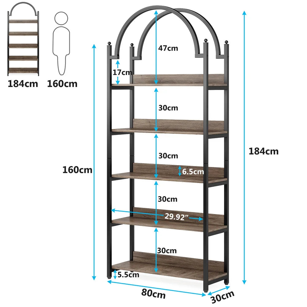 5 Tier Gold Bookshelf, Arched Bookcase, Storage Rack Shelves in Living Room/Home/Office/Bedroom - Oak/Black