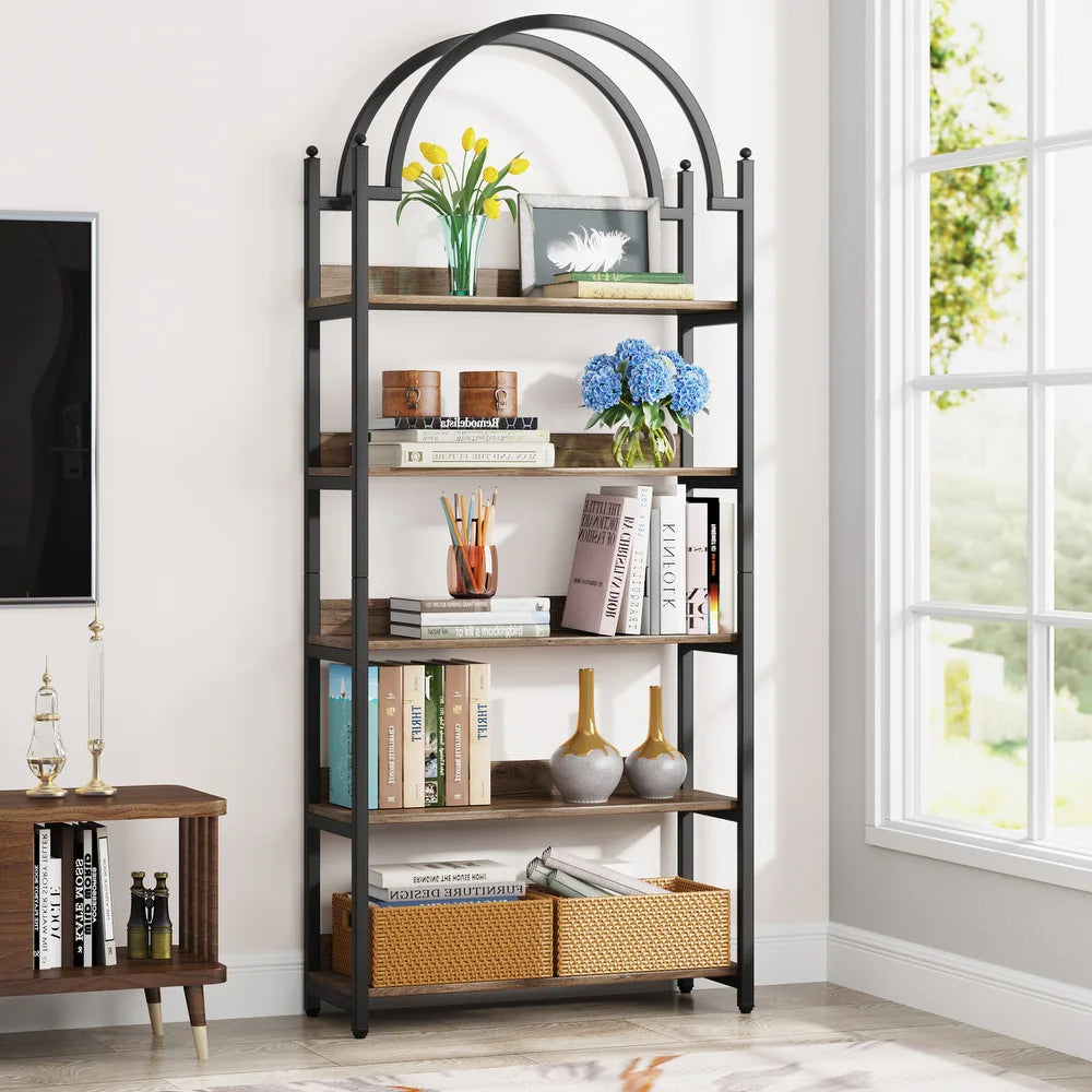 5 Tier Gold Bookshelf, Arched Bookcase, Storage Rack Shelves in Living Room/Home/Office/Bedroom - Oak/Black