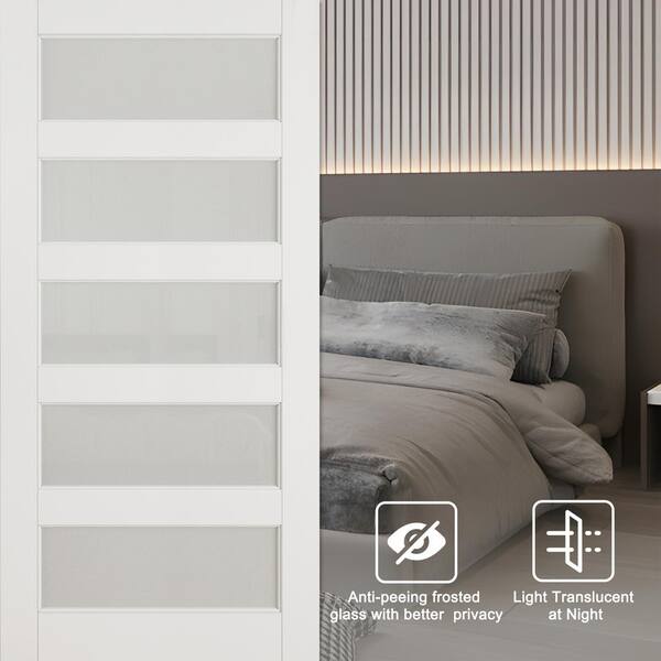 5-Lite Tempered Frosted Glass White Primed MDF Composite Sliding Barn Door