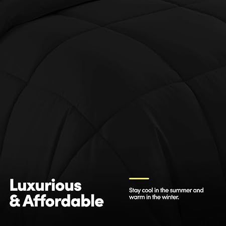 7 Piece Comforter Set Bag Solid Color All Season Soft Down Alternative Blanket & Luxurious Microfiber Bed Sheets, Black, Queen