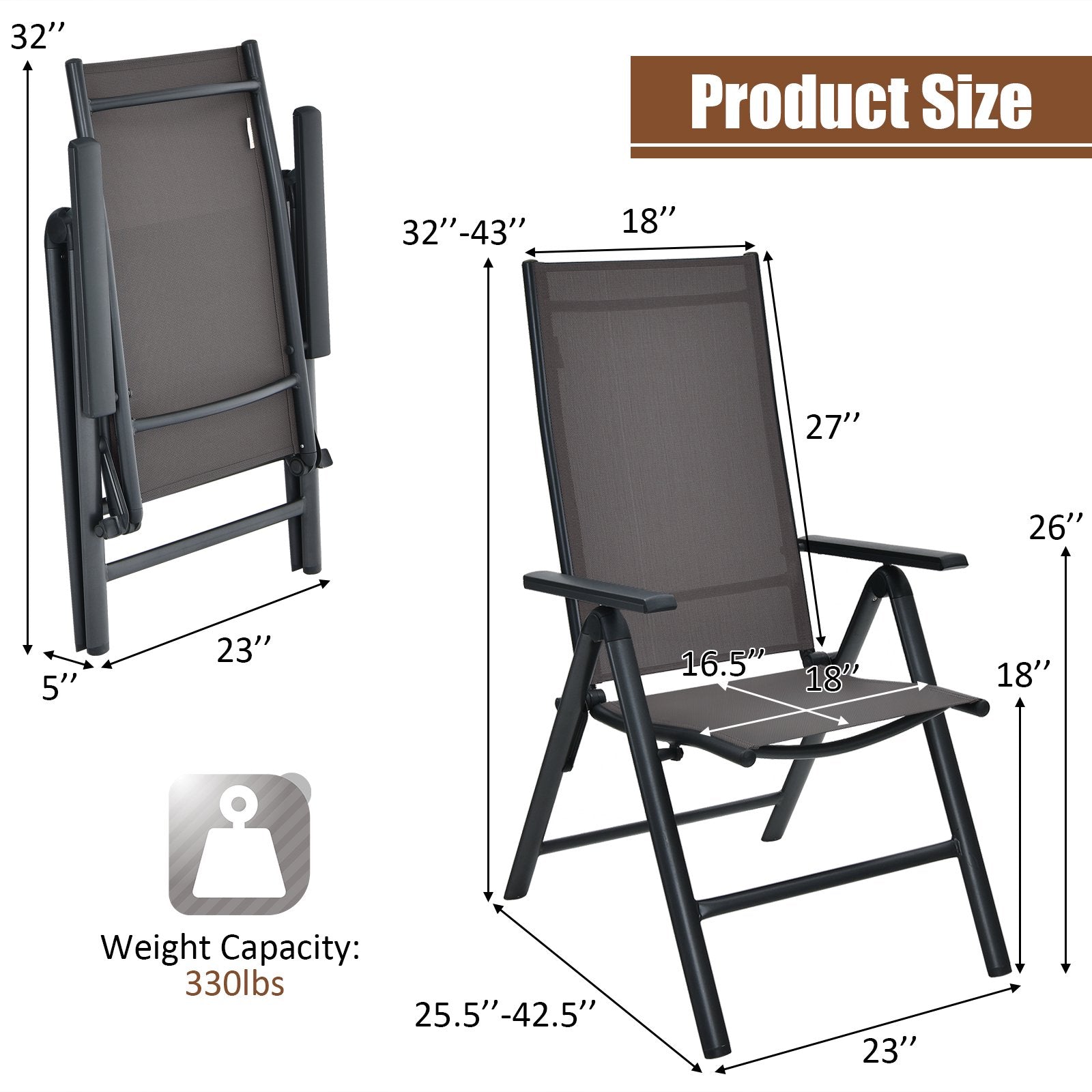 2 Pack Folding Dining Chairs Adjustable Reclining Back Chairs Suitable for Outdoor & Indoor Gray