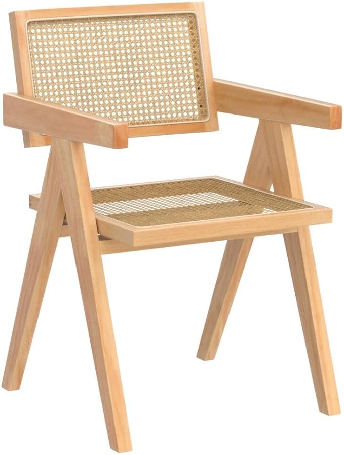 Rattan Dining Chairs 1-Piece, Wooden Armchair Cane Kitchen Chairs with Arms, Light Walnut Color