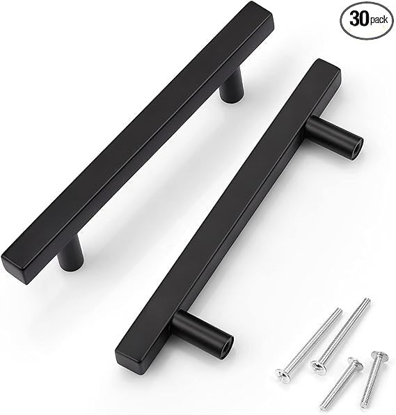 30 Pack Kitchen Cabinet Handles Matte Black, Stainless Steel Modern Pulls T Bar Door Pulls Dresser