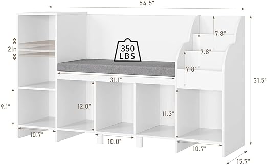 Kids Bookshelf with Reading Nook, Seat Cushion, Adjustable Shelf, Storage Bench, Book Rack