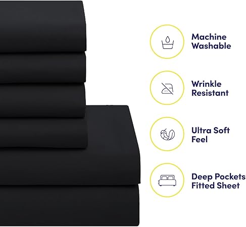 7 Piece Comforter Set Bag Solid Color All Season Soft Down Alternative Blanket & Luxurious Microfiber Bed Sheets, Black, Queen