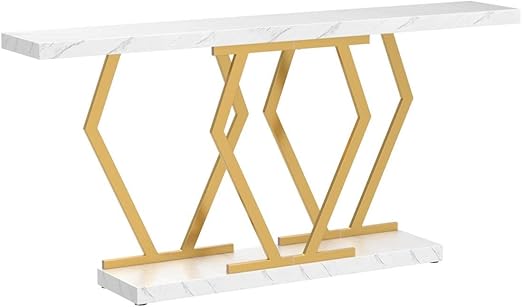 White and Gold Console Table with Faux Marble Tabletop