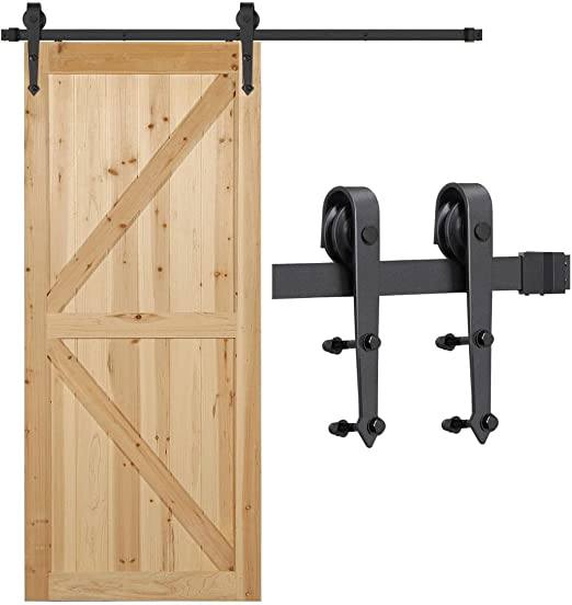 6Ft Sliding Barn Door Hardware Kit - Heavy Duty Single Door Track Rail Rollers System Set - Easy to Install - Fit 36" Wide Door Panel Black,Arrow J Shape Roller