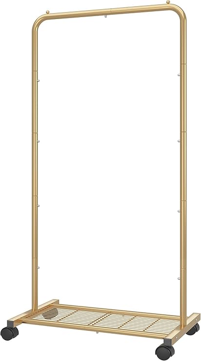 Standard Clothes Garment Rack, Clothing Rolling Rack with Mesh Storage Shelf on Wheels, Golden Yellow