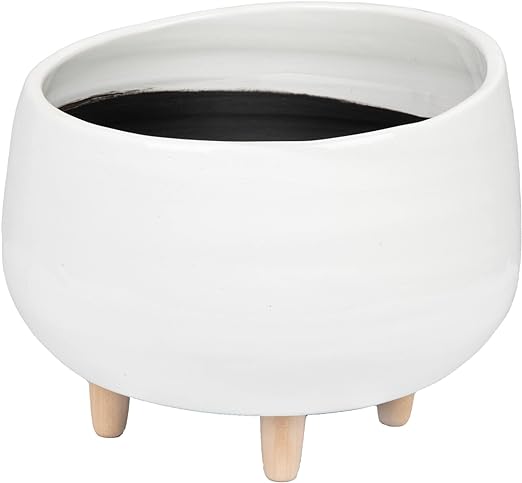 White Planter with Wood Feet