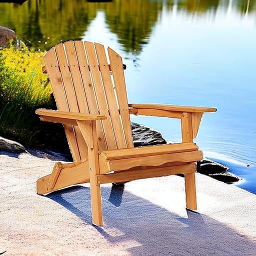 Folding Adirondack Chair Outdoor Wooden Accent Furniture Fire Pit Lounge Chairs w/  Weight Capacity - Natural