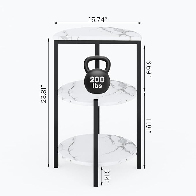 White and Black End Tables Set of 2, Round Marble Nightstand Set