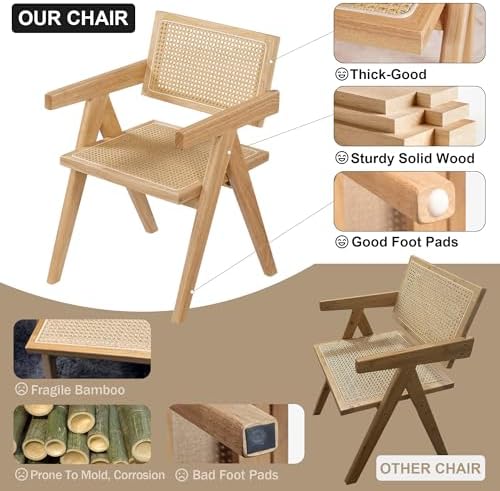 Rattan Dining Chairs 1-Piece, Wooden Armchair Cane Kitchen Chairs with Arms, Light Walnut Color