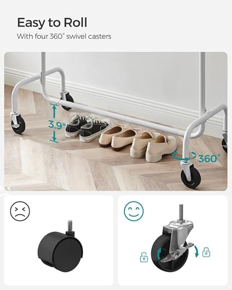 Clothes Rack with Wheels, Heavy-Duty Garment Rack with Extendable Hanging Rod, Chrome-Plated, Matte White