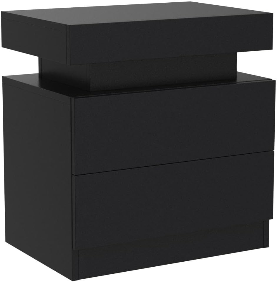 1-Piece LED Nightstand with 2 Drawers, Bedside Table with Drawers for Bedroom Furniture, Side Bed Table, Black