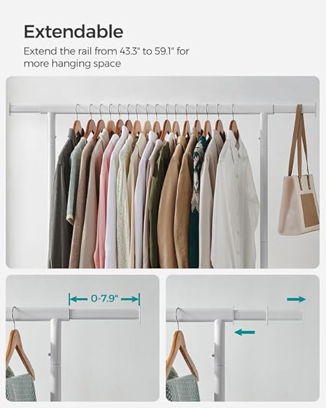 Clothes Rack with Wheels, Heavy-Duty Garment Rack with Extendable Hanging Rod, Chrome-Plated, Matte White