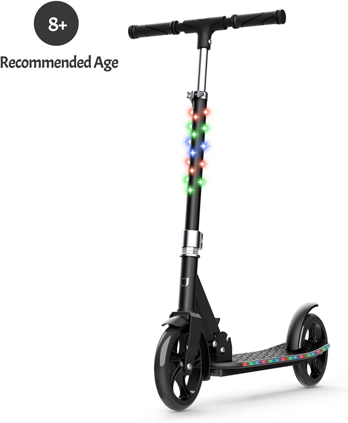 Jupiter Jumbo Teen 2-Wheel Kick Scooter, Includes LED Lights on Stem And Deck, 7 Preprogrammed Light Patterns, Sturdy Wide Deck, Rear Brake, Easy-Folding Mechanism, Ages 8+ Black