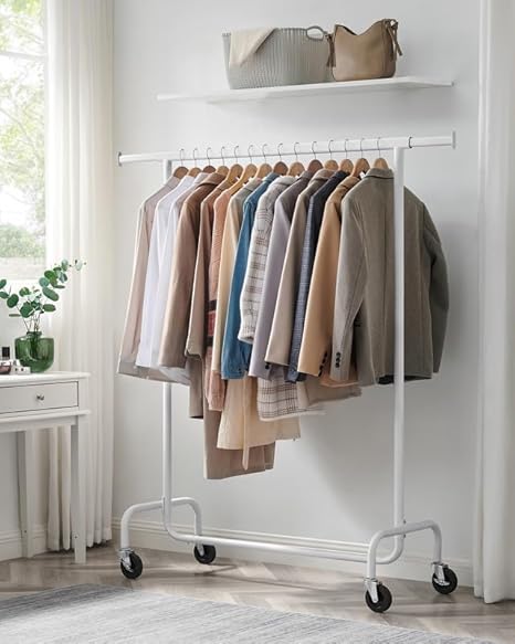 Clothes Rack with Wheels, Heavy-Duty Garment Rack with Extendable Hanging Rod, Chrome-Plated, Matte White