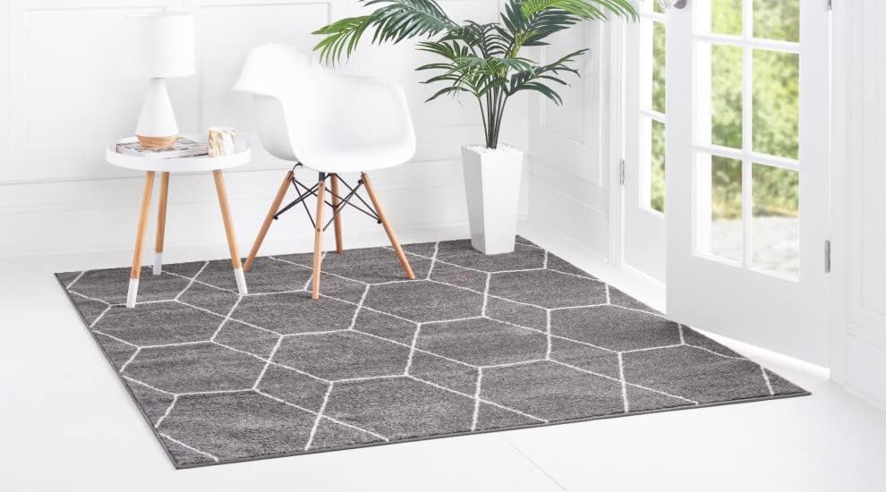 Trellis Frieze Collection Area Rug - Geometric (4' Square, Dark Gray/ Ivory)