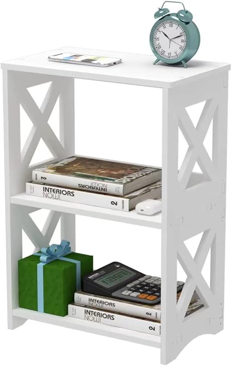 3-Tiers Side Table, Narrow End Table with Storage Shelf, White
