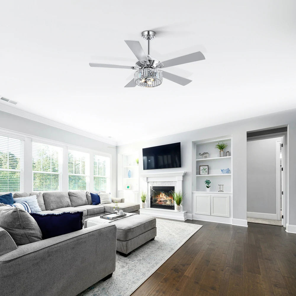 5-Blade Crystal Lighting Ceiling Fan Remote Control, Chrome