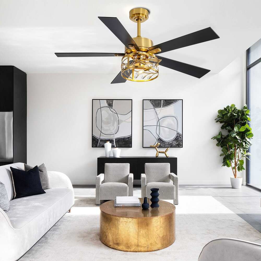 5-Blade Vintage Gold Ceiling Fans with Crystal Light Remote Control - Gold