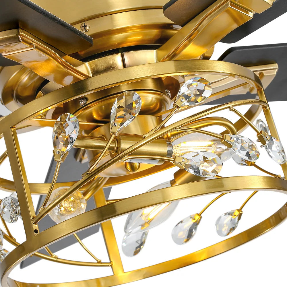 5-Blade Vintage Gold Ceiling Fans with Crystal Light Remote Control - Gold