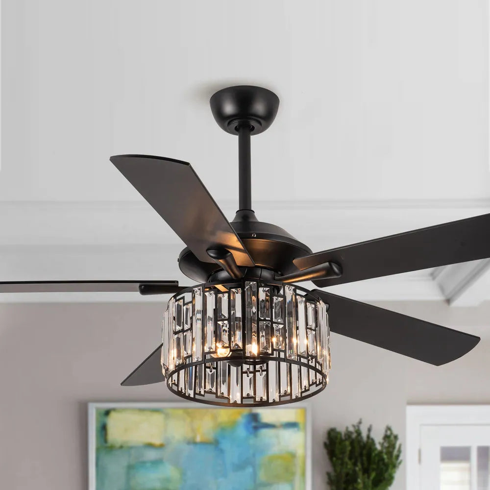 Matte Black Wood 5-Blade Crystal Ceiling Fan with Remote – Salvage & Co ...