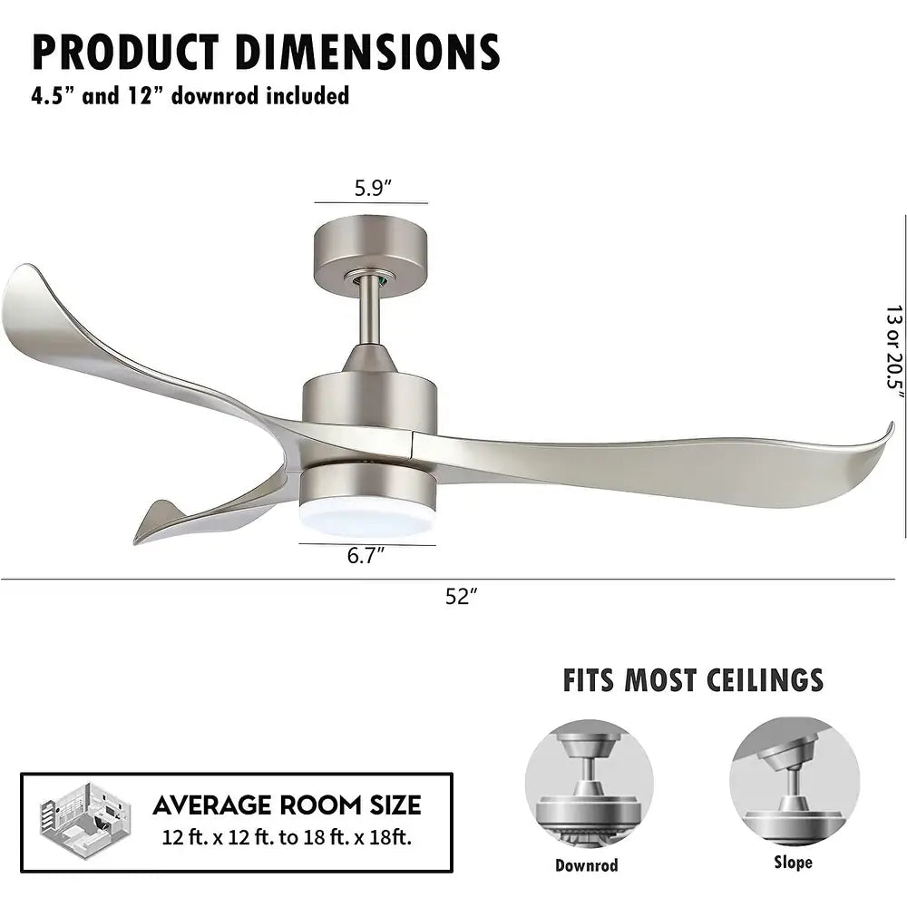 WINGBO Modern Ceiling Fan with Lights and Remote, 3 Curved Blades - Brushed Nickel