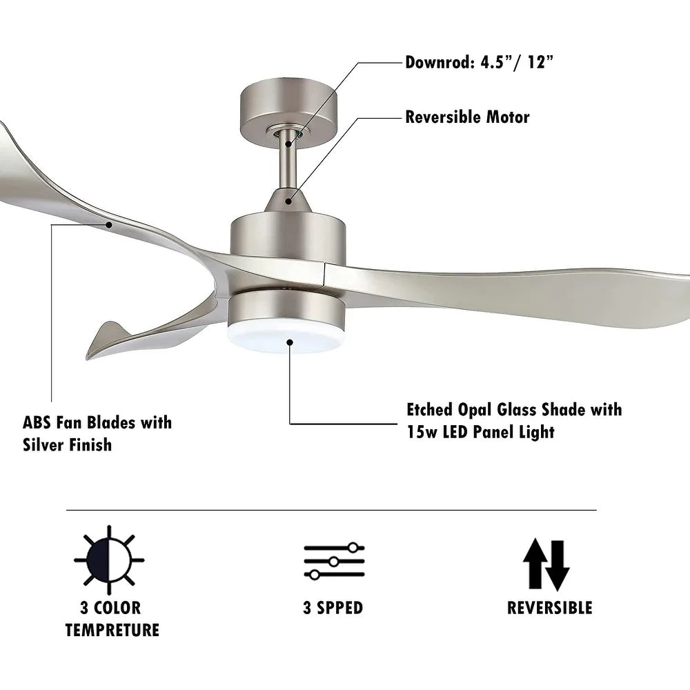 WINGBO Modern Ceiling Fan with Lights and Remote, 3 Curved Blades - Brushed Nickel