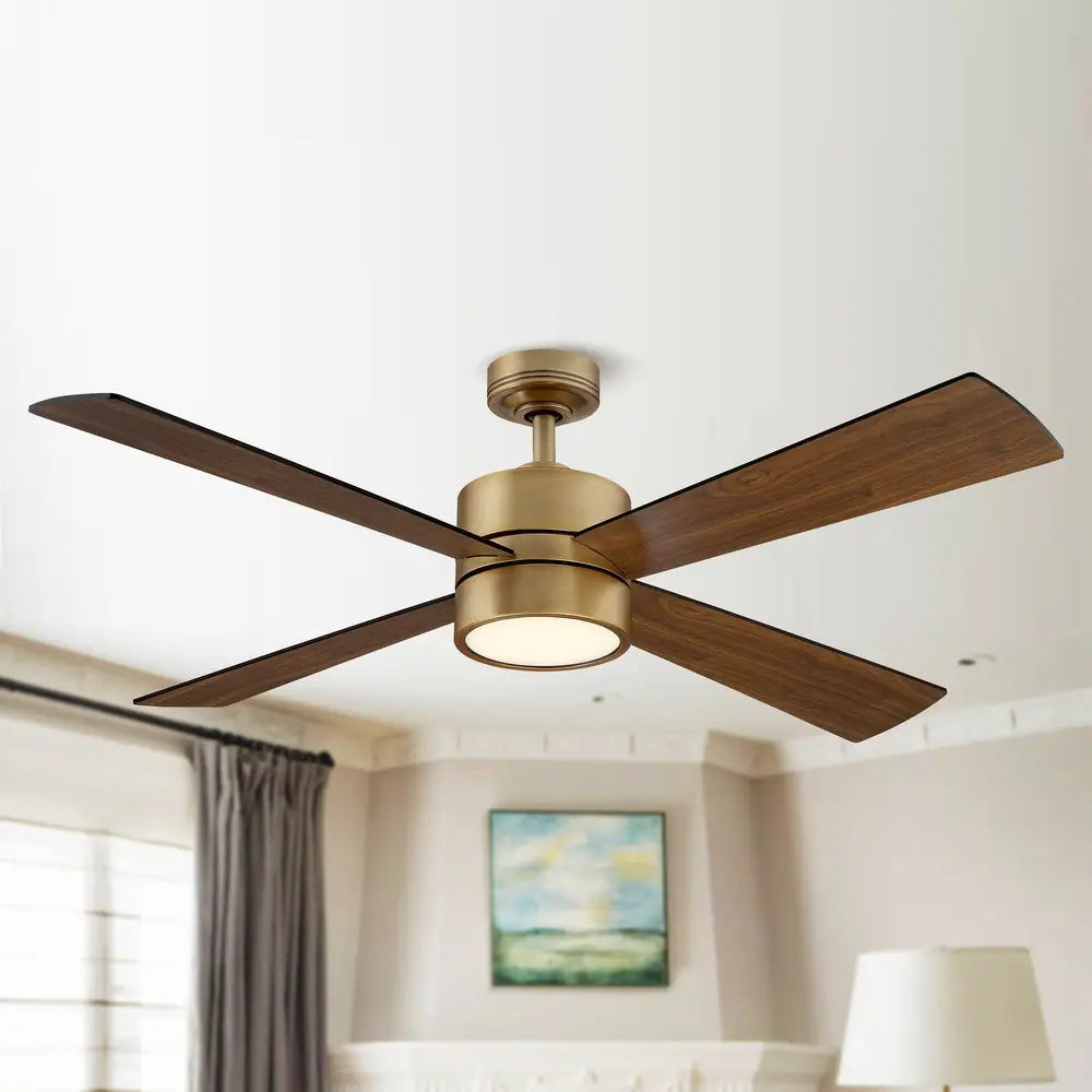 Wooden 4-Blade Brushed Brass LED Ceiling Fan with Remote