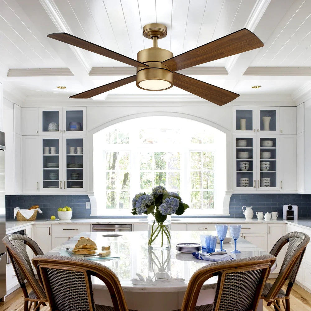 Wooden 4-Blade Brushed Brass LED Ceiling Fan with Remote,