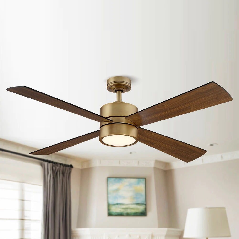 Wooden 4-Blade Brushed Brass LED Ceiling Fan with Remote,