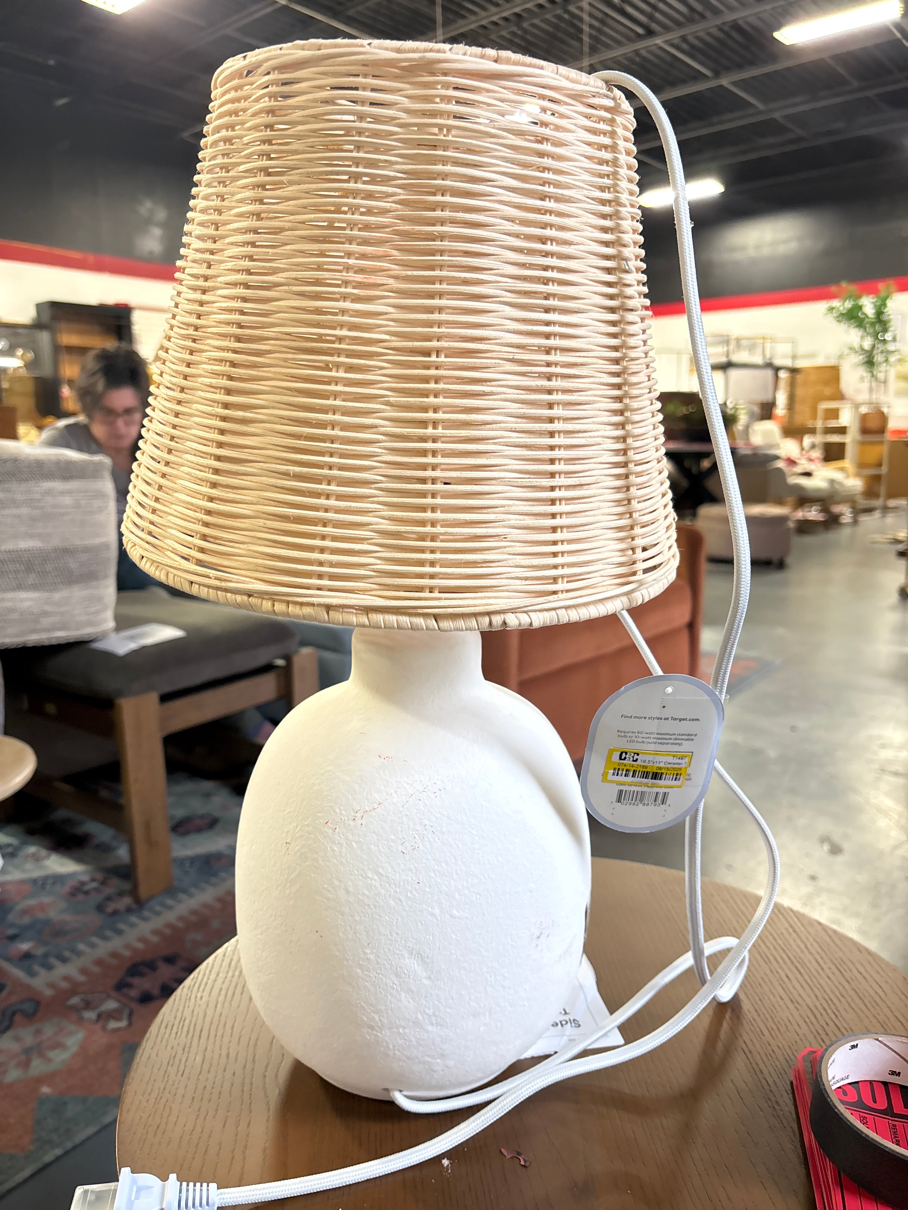 18.5"x11" Ceramic Table Lamp with Rattan Shade White SHOWROOM ITEM