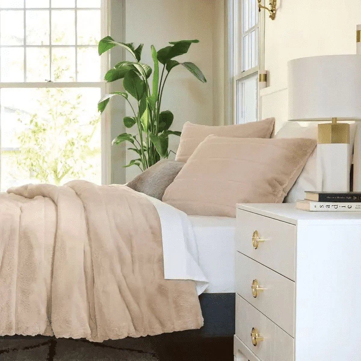 3pc Luxe Faux Fur Comforter and Sham Set - Tan - Queen / Full