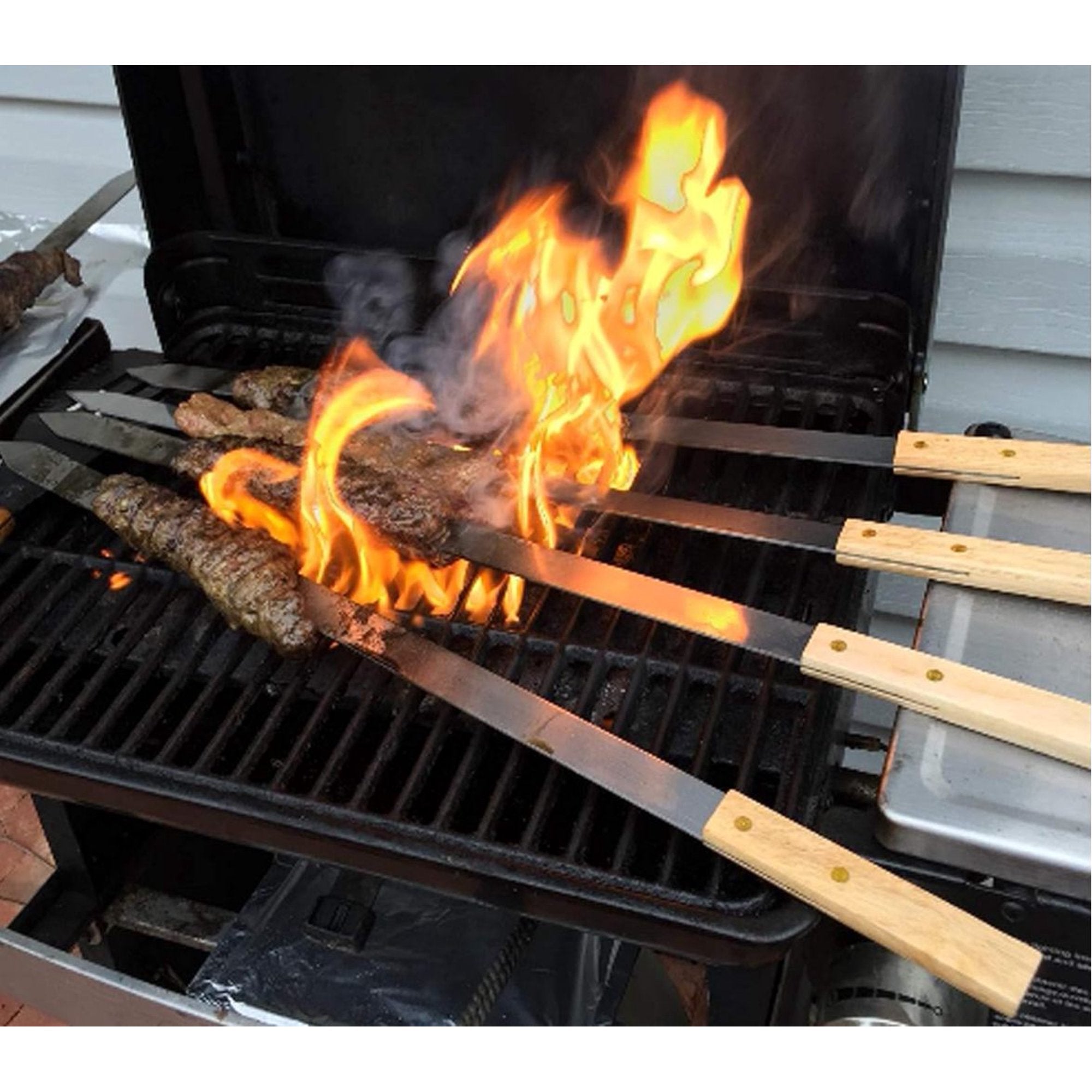 BBQ Skewers Stainless Steel Flat Metal Skewers with Wooden Handles