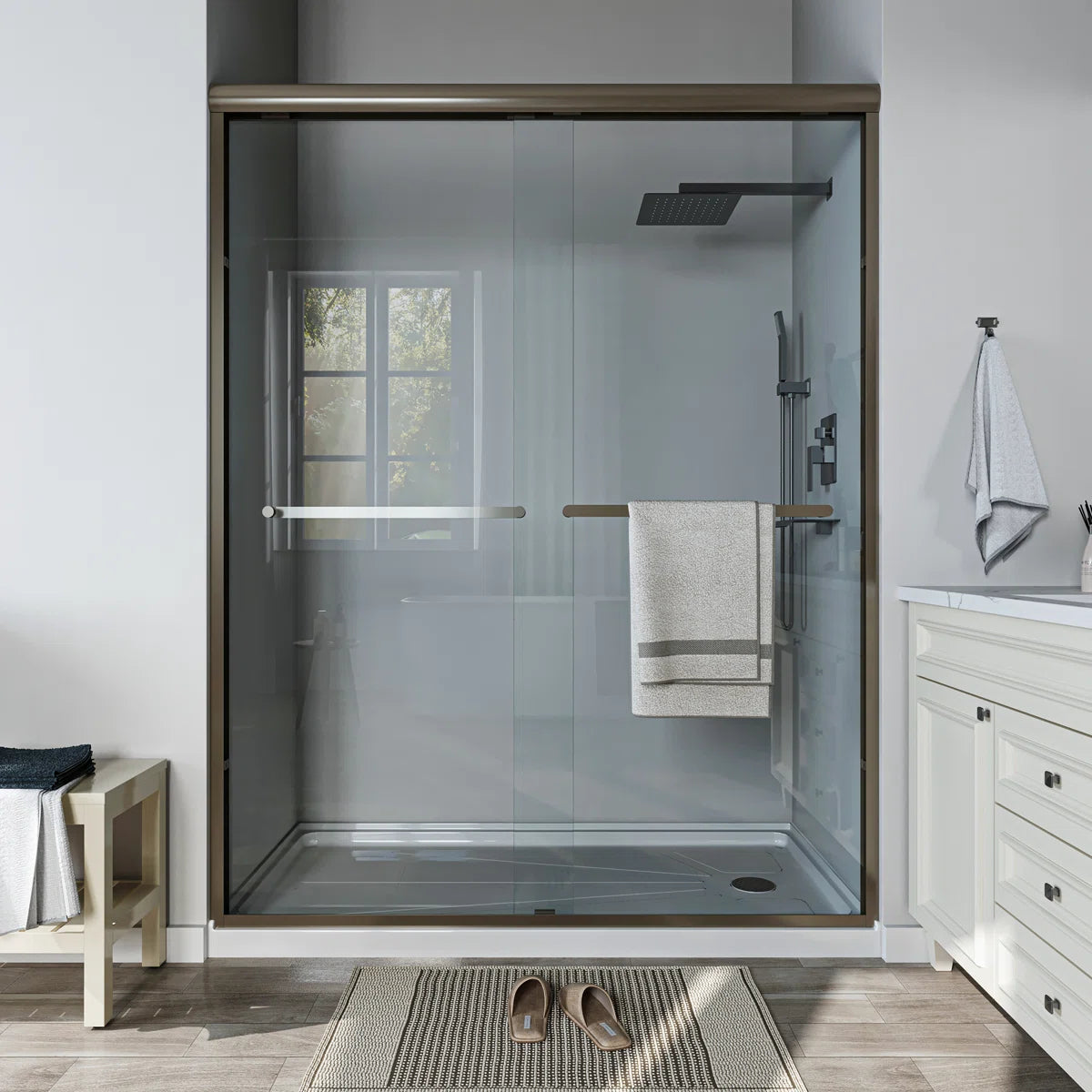 Door Semi-Frameless Shower Door with Two Handles and Clear Glass