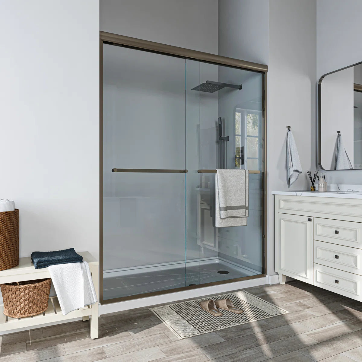 Door Semi-Frameless Shower Door with Two Handles and Clear Glass