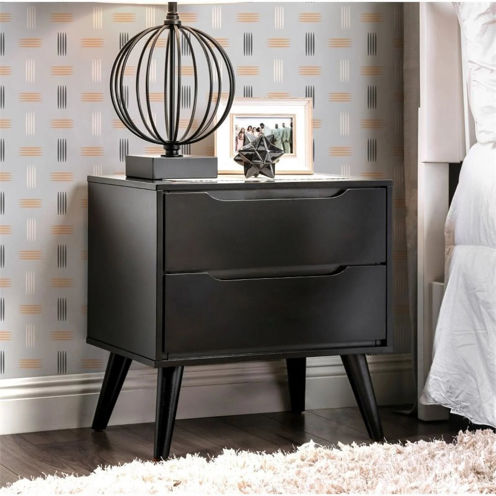 Belkor Mid-Century Modern Wood 2-Drawer Nightstand in Black