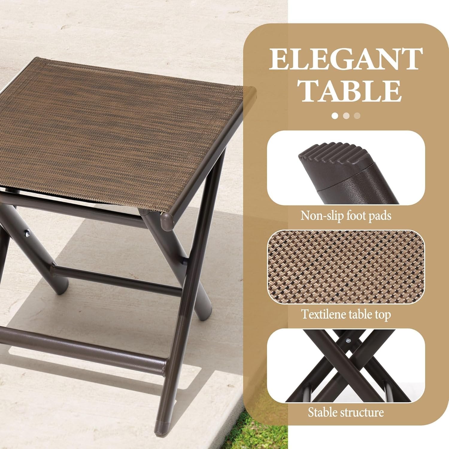 Outdoor Side Table, Aluminum End Table, Folding Side Table with Textilene, Small Patio Coffee Table (1PCS Brown)