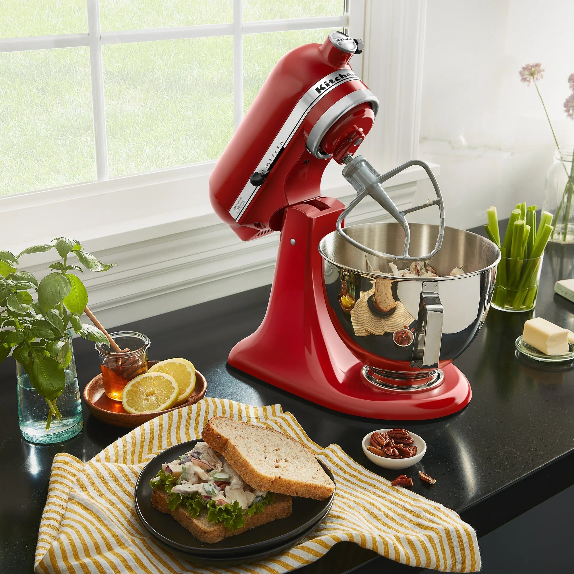 Deluxe 4.5 Stand Mixer, Empire Red with Flat Beater, Dough Hook, Whip