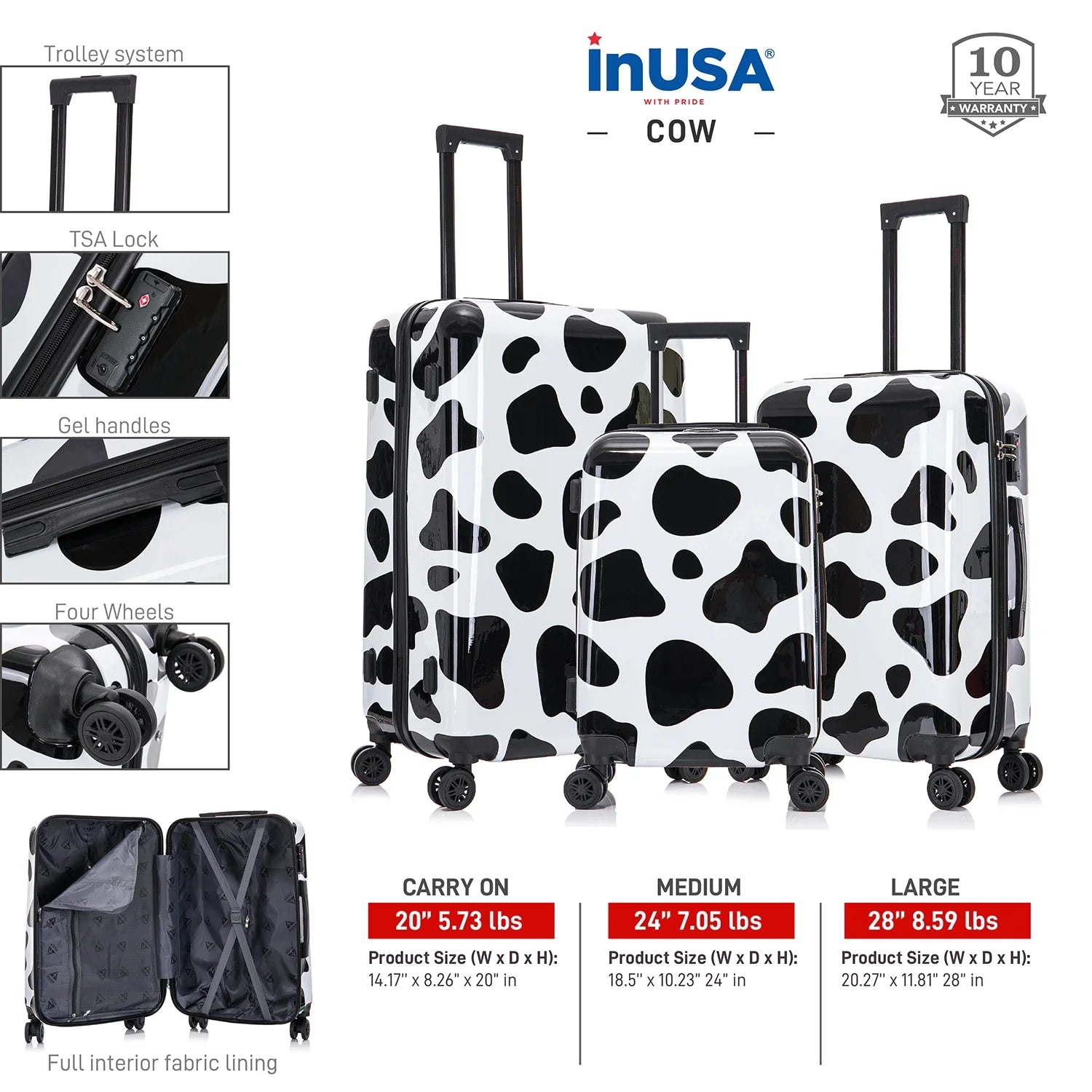 Print 2-Piece Hardside Luggage Sets with Spinner Wheels, Handle, Trolley, (20"/24") Cow