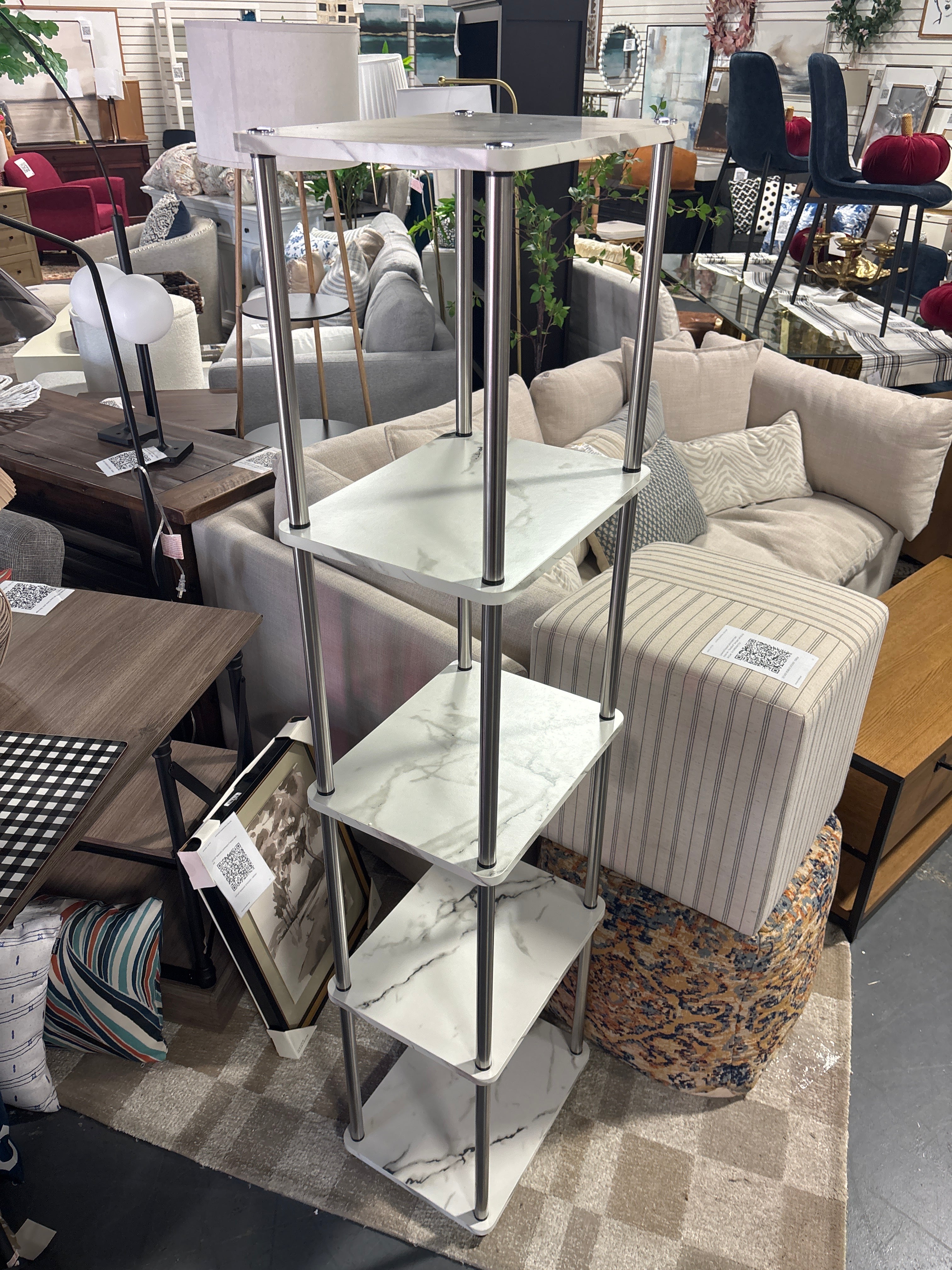 63.25" No Tools 5 Tier Tower - Faux White Marble/ Chrome SHOWROOM ITEM